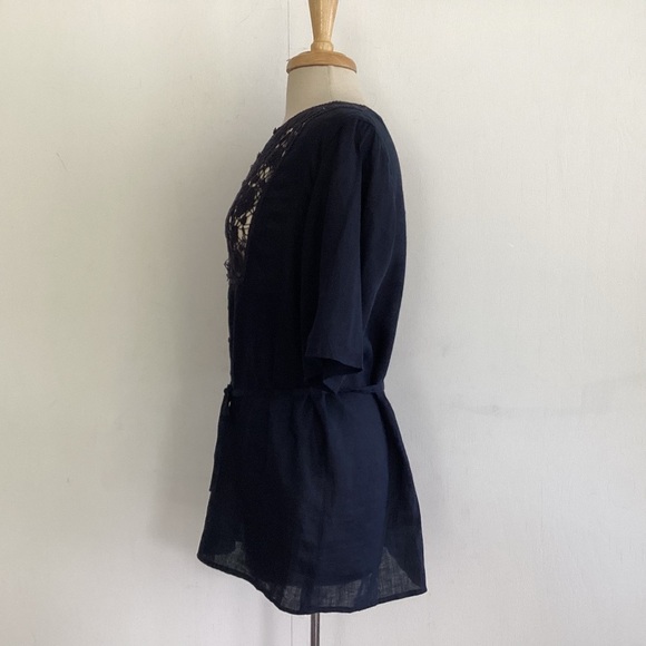 Japanese luxury brand navy linen/lace placard front button self tie short top 6 - Picture 6 of 10